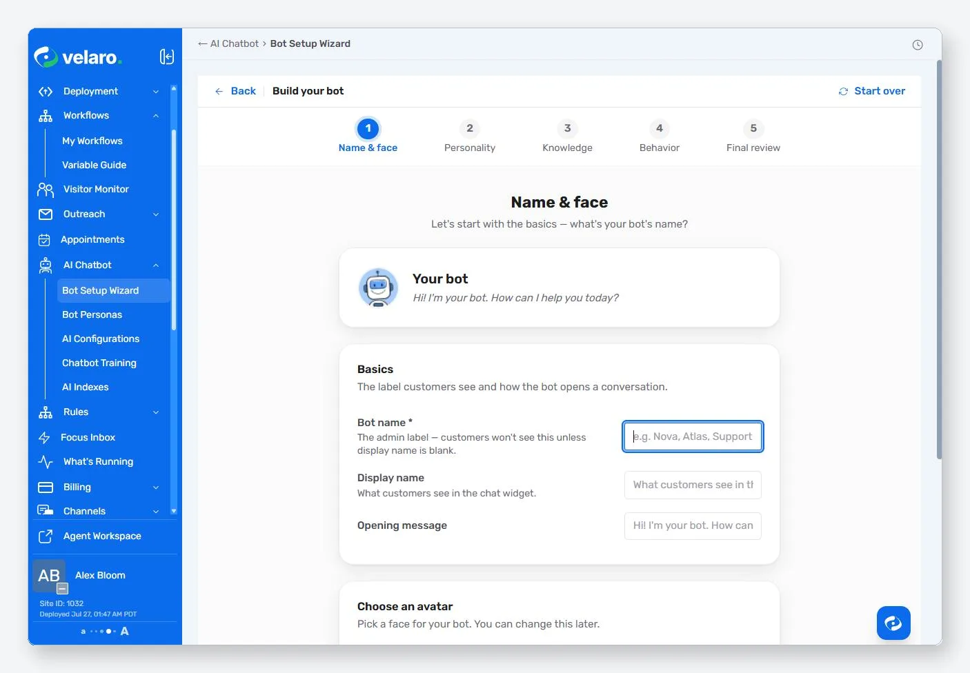Velaro AI Chatbot Setup Wizard - name, personality, and knowledge in a guided flow