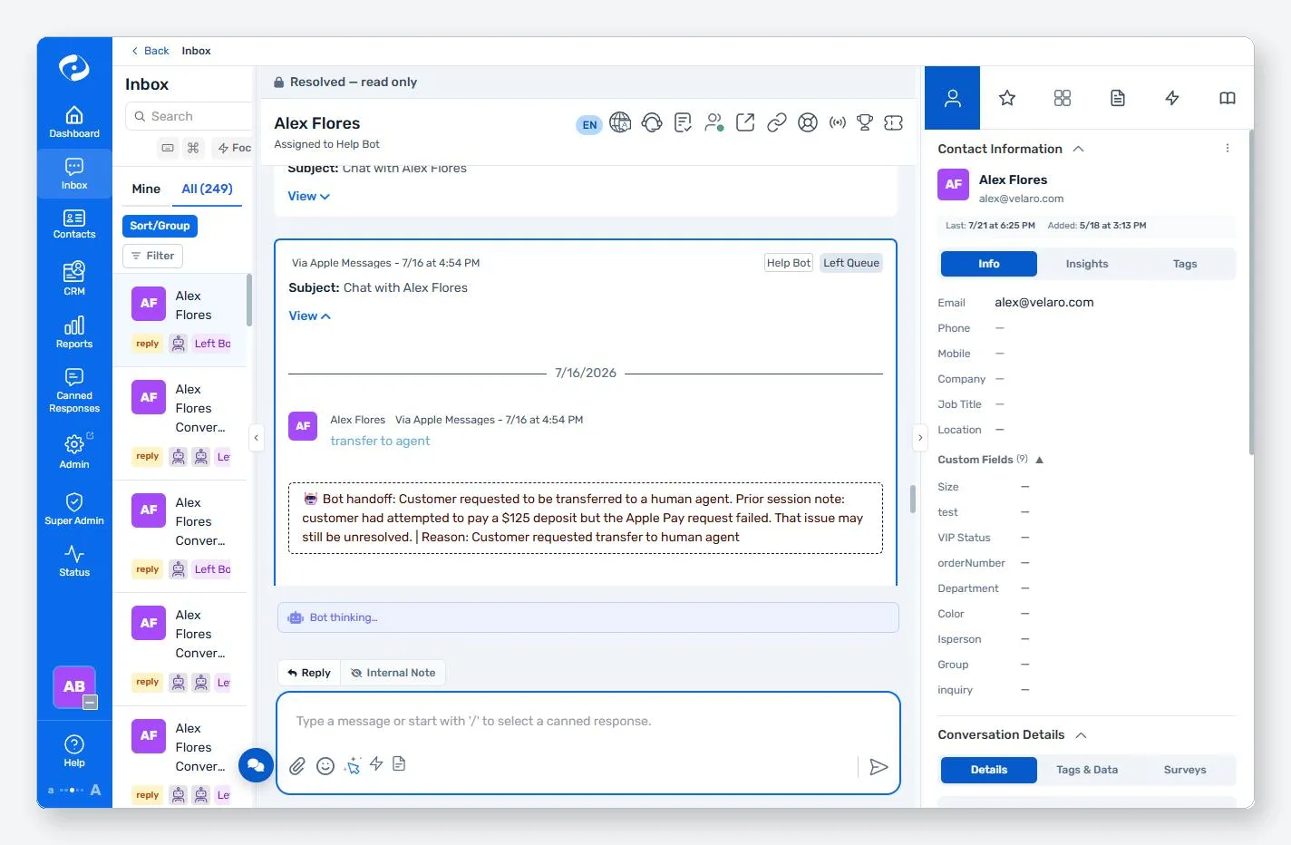 Velaro Agent Workspace showing a real customer conversation with bot handoff